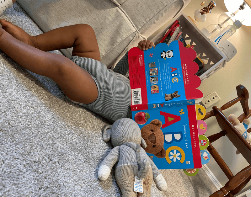 Colorful baby books and plush toys for infants.