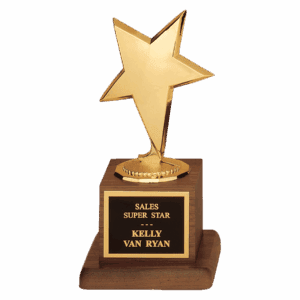 3 1/2" x 6 3/4" Modern Star Casting in Goldtone Finish on Walnut Finish Base with Black Laserable Plate