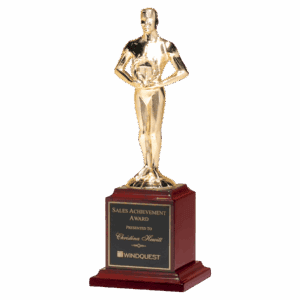 13 1/2" Cast Metal Goldtone Finish Classic Achiever Figure on a Rosewood Piano Finish Base with a Black Laserable Plate