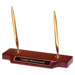 3 3/4" x 9" Double Gold-Tone Pen Set on Rosewood Piano Finish Base with Black Brass Plate