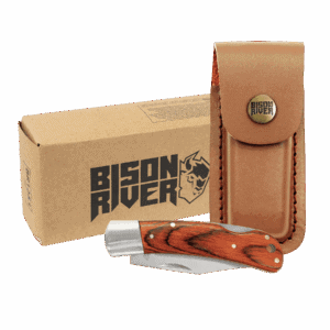 Bison River 4" Wood Folding Knife with Leather Sheath
