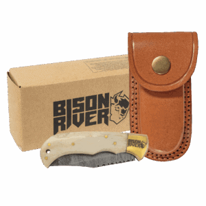 Bison River 3 3/4" Bone Folding Knife with Damascus Steel Blade and Leather Sheath
