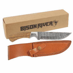 Bison River 9 1/2" Fixed Blade Wood Knife with Damascus Steel Blade and Leather Sheath