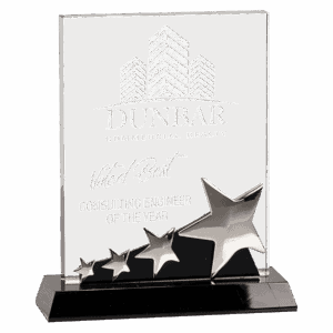 7" Rectangle Crystal with Silver Stars on Black Pedestal Base