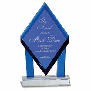 8 3/4" Blue Crystal Floating Diamond with Blue Columns on Clear Base