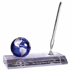 7" x 3" Blue Crystal Globe with Base and Pen