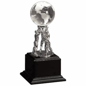10" Clear Crystal Globe with Silver Men/Stand on Black Piano Finish Base