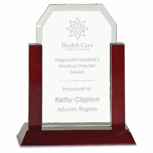 8" Gateway Jade Clip Corner Glass Award with Rosewood Finish Base