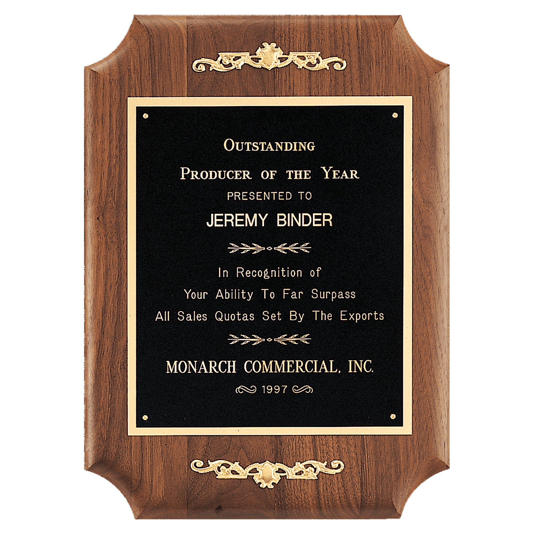 11" x 15" American Walnut Scalloped Corner Plaque with Decorative Gold Scrolls and Gold Border Black Laser Engravable Plate