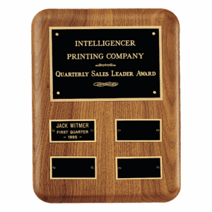 8" x 10 1/2"/Plates 1 1/4" x 2 1/2" American Walnut AirFlyte Edge Quarterly Award Perpetual Plaque wth Black Brass Plates
