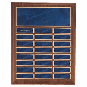 12" x 15"/Plates 1" x 3 1/4" American Walnut 24 Plate Perpetual Plaque with Sapphire Marble Brass Plates
