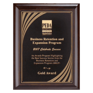 11" x 14" Hand Rubbed Cherry Finish Plaque with Cascading Gold Swirl Design Laserable Black Brass Plate