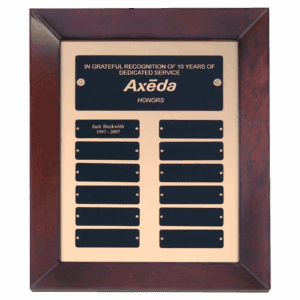 12" x 15" Airflyte Cherry Finish Frame Perpetual Plaque with Gold Metal Background and 12 Laserable Black Brass Plates