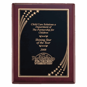 8" x 10 1/2" Airflyte Rosewood Piano Finish Plaque with Gold Florentine Star Border LaserFX Plate