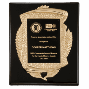 10 1/2" x 13" Black High Gloss Plaque with Metal Gold Scroll Frame Casting with Black LaserFX Plate