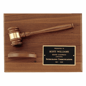 9" x 12" Solid Walnut Plaque with a Walnut Gavel, Gold Gavel Band, Black Laserable Brass Plate and a Walnut Half Sounding Block