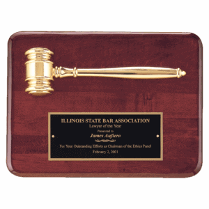 9" x 12" Rosewood Piano Finish Plaque with a Gold Electroplated Gavel and Laserable Black Brass Plate for Personalization