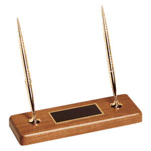 3" x 9" Goldtone Ballpoint Pens on Solid Walnut Base with Black Plate