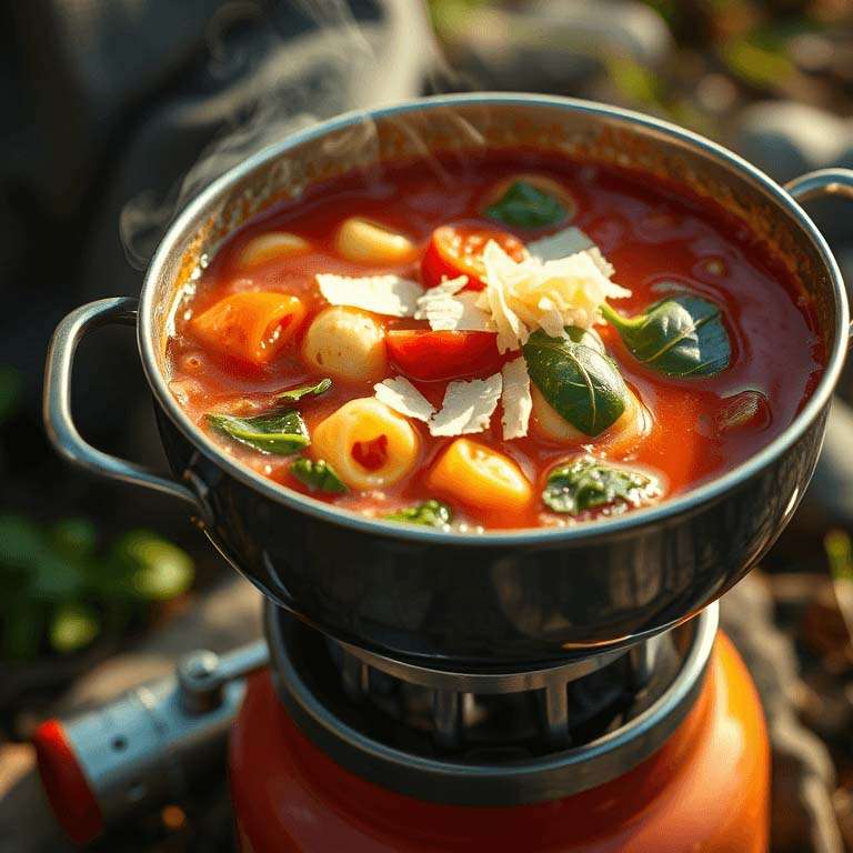 Delikat tomatsuppe med friske grøntsager og smeltet ost i gryden.