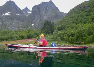 Kajakoplevelse i Lofoten med træer og bjerge i baggrunden