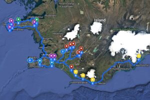Kort over Island med rute markeret