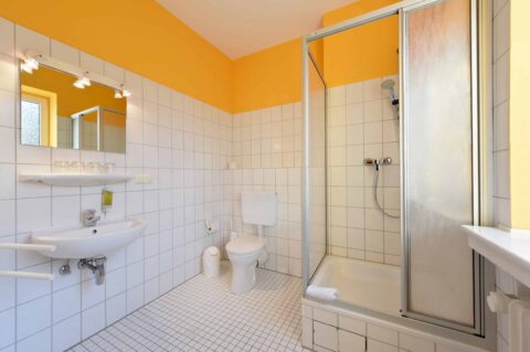 Comfort Badezimmer mit Waschbecken, Toilette und eigener Dusche.