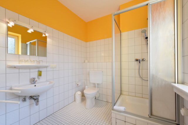 Badezimmer mit eigenem Waschbecken, Toilette und eigener Dusche.
