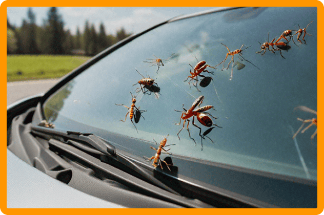 Dead ants on a car windshield after an ant invasion, illustrating the importance of professional auto cleaning and pest removal services offered by Bee Clean Auto Wash.