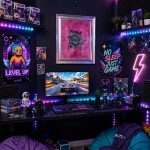 Colorful gaming setup with neon lights, posters, and gaming accessories.