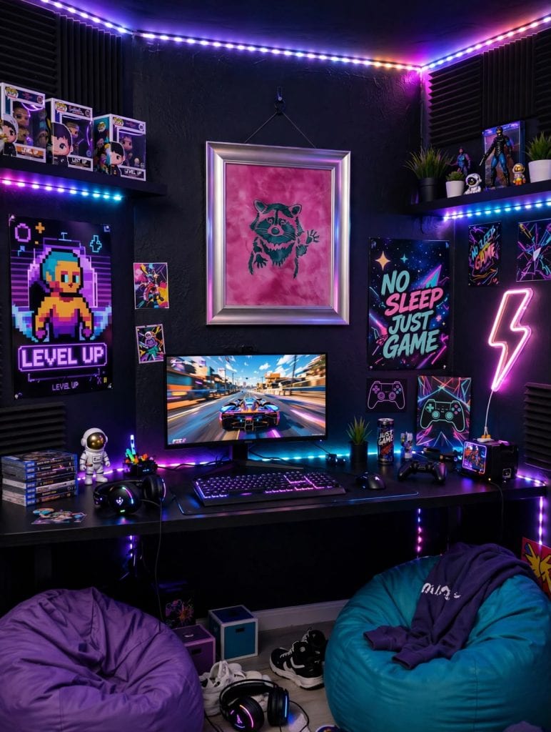 Colorful gaming setup with neon lights, posters, and gaming accessories.
