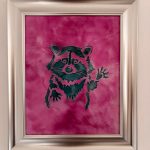 Vibrant pink background with a raccoon illustration in black and white.