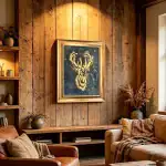 Cozy rustic living room featuring a deer painting on wooden wall.