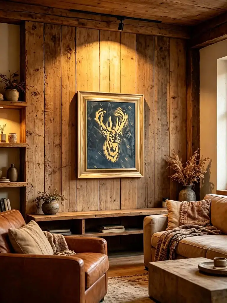Cozy rustic living room featuring a deer painting on wooden wall.