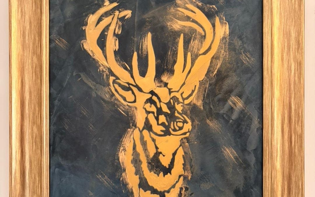 Abstract deer head painting with bold orange strokes on dark background.
