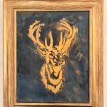Abstract deer head painting with bold orange strokes on dark background.