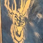 Abstract painting of a deer with large antlers in yellow and blue tones.