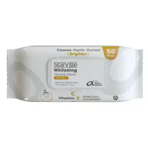 StarVille Whitening Micellar Water Wipes – brightening and cleansing facial wipes. ستارفيل مناديل مبللة للتفتيح – مناديل تفتيح وتنظيف لطيف للبشرة.