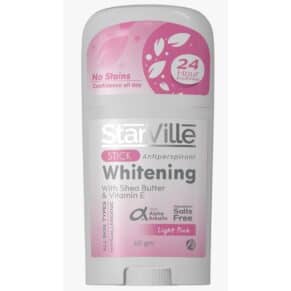 Starville Whitening Stick Light Pink – 60ml, brightening deodorant stick with coconut scent. ستارفيل مزيل عرق ستيك برائحة جوز الهند – 60 جم، مزيل عرق لتفتيح البشرة برائحة استوائية.