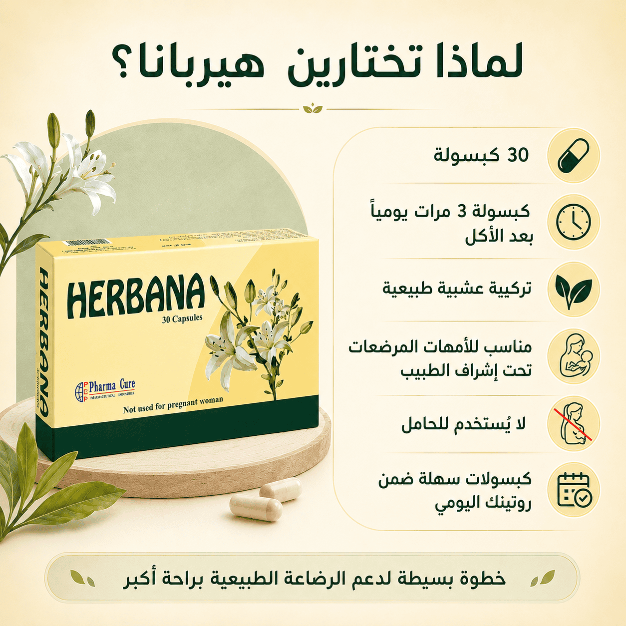 هيربانا 30 كبسولة وطريقة الاستخدام ثلاث مرات يوميا بعد الأكل وتحذير عدم الاستخدام أثناء الحمل