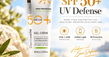 أنبوب كريم واقي من الشمس SPF 50+ من ديرمايل على صخرة بجانب البحر مع سماء مشمسة.