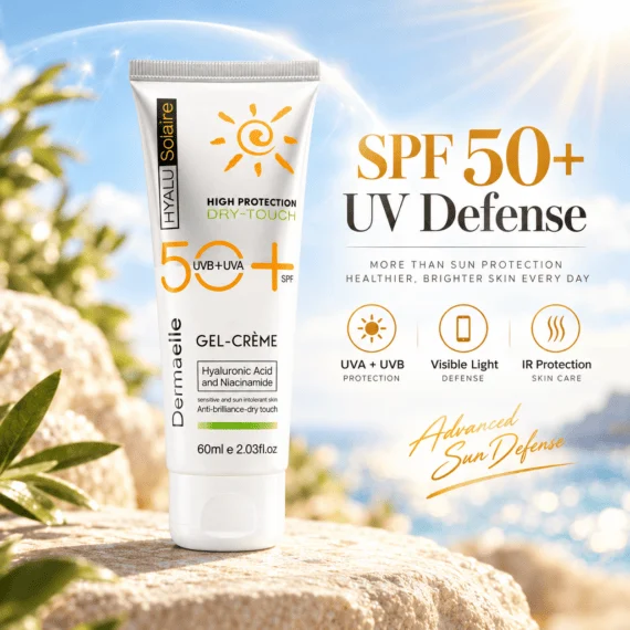 أنبوب كريم واقي من الشمس SPF 50+ من ديرمايل على صخرة بجانب البحر مع سماء مشمسة.
