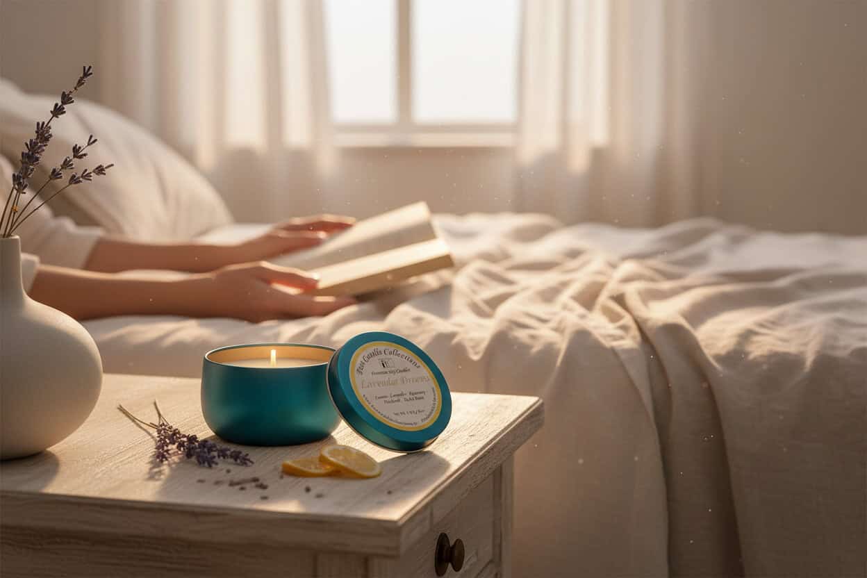 Lavender Dreams soy wax candle in a teal jar, perfect for relaxation.
