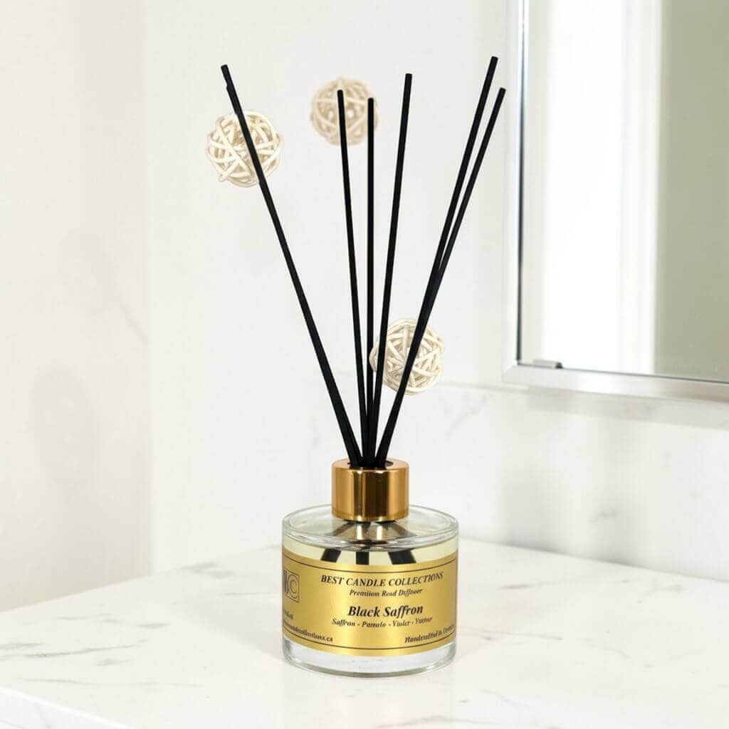 Reed diffuser with black saffron scent in a glass bottle, ideal for elegant home fragrance.