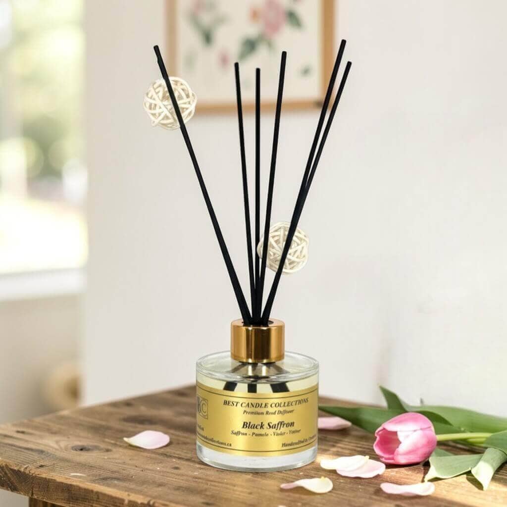 Reed diffuser with black saffron scent for elegant home fragrance.