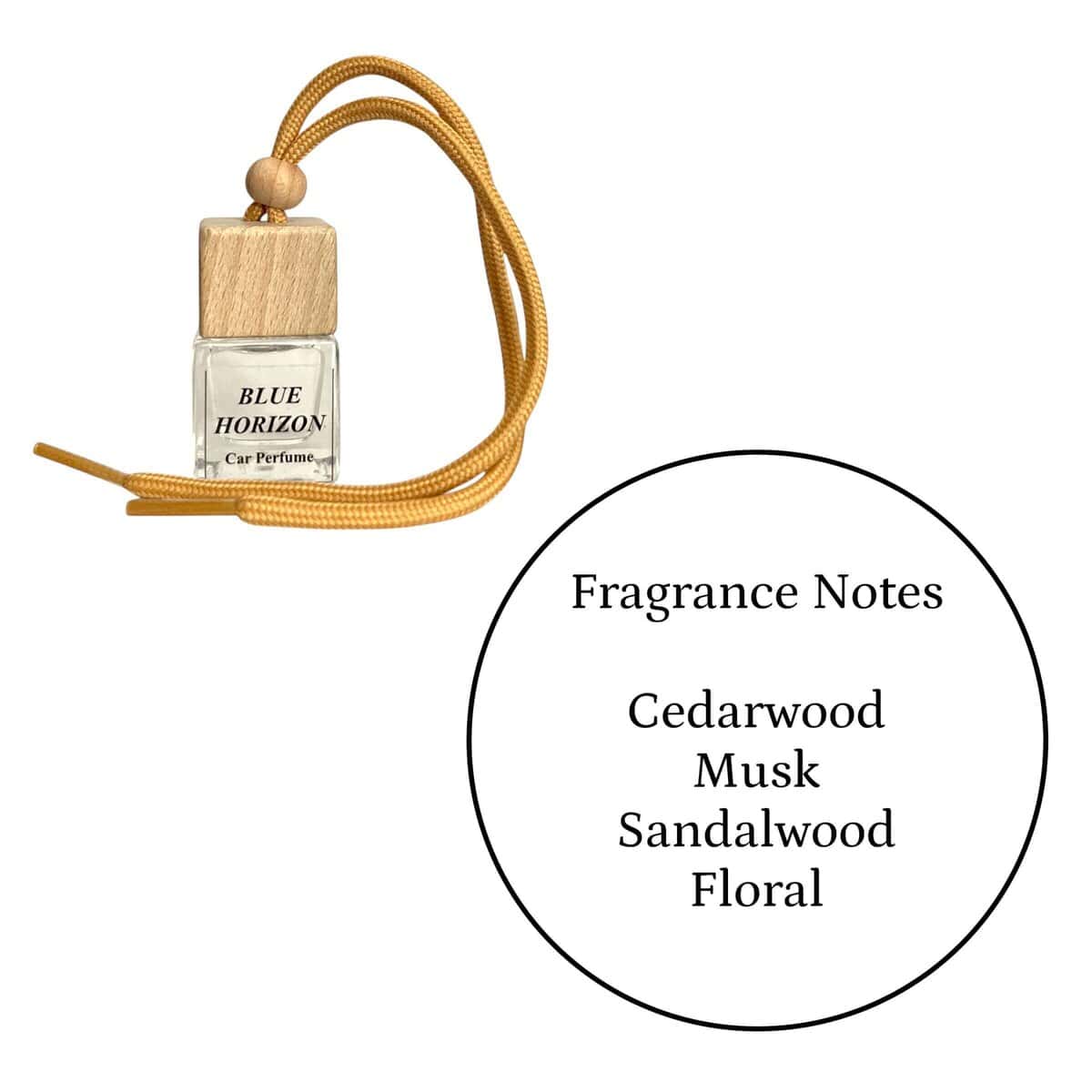 Car diffuser with fragrance notes of cedarwood, musk, sandalwood, and floral scents.