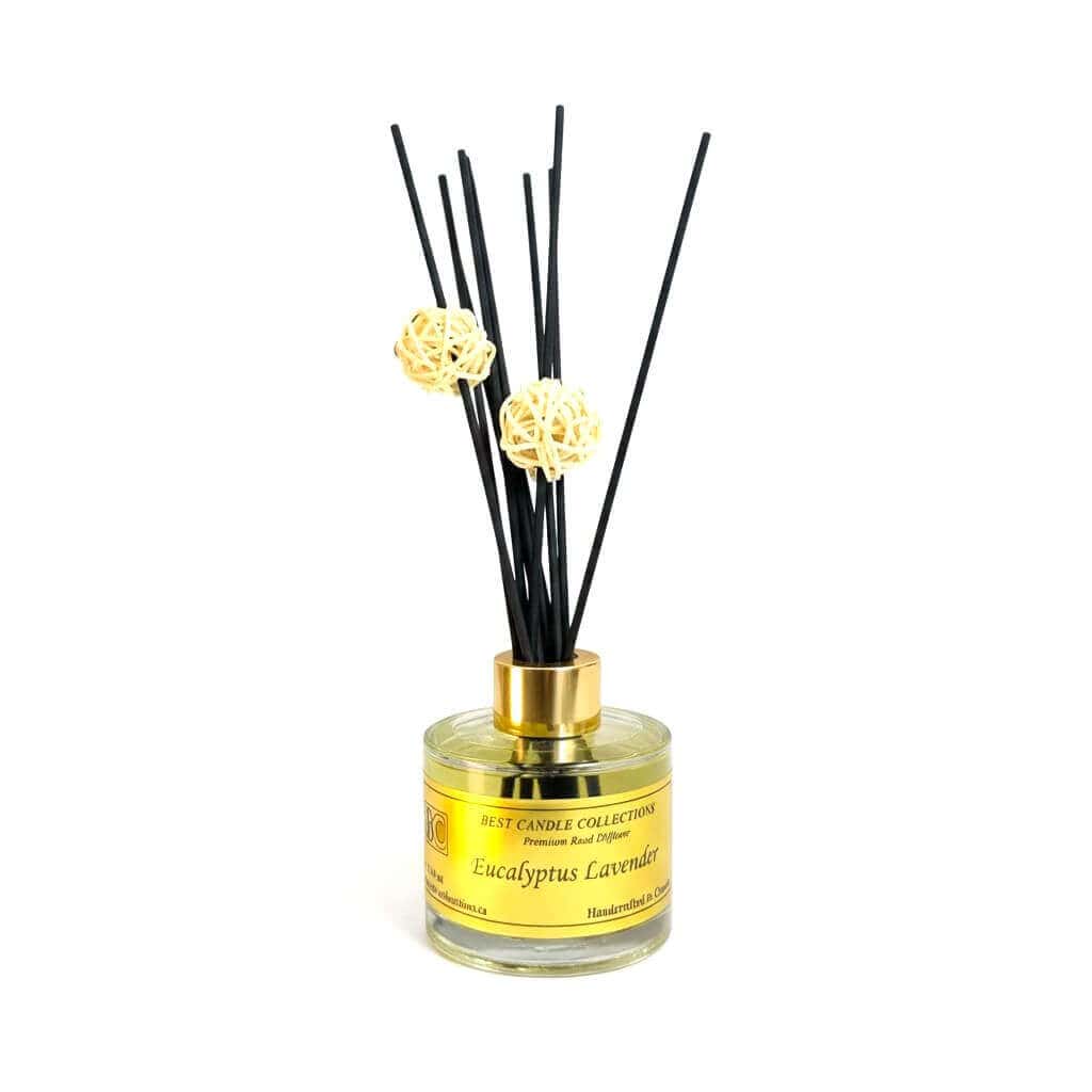 Reed diffuser with eucalyptus and lavender scent in a glass bottle. Perfect for creating a calming a.
