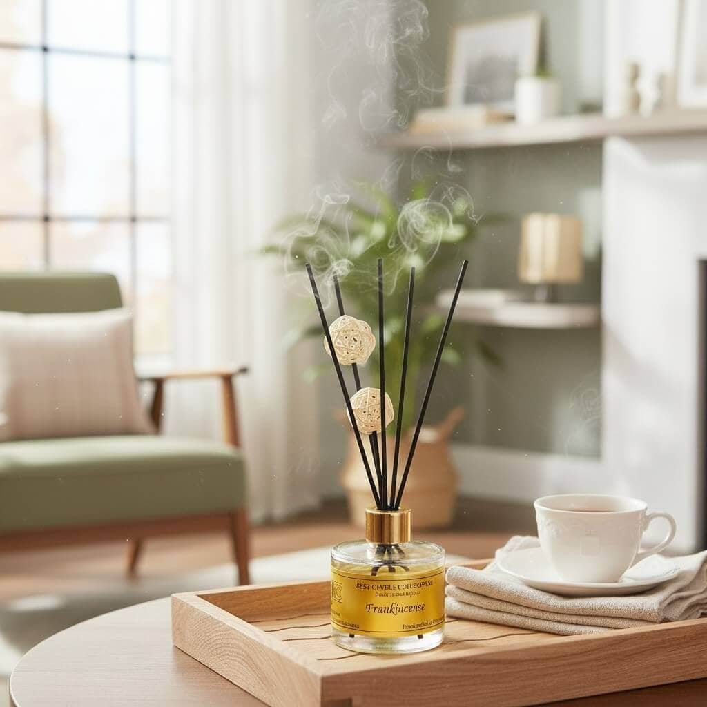 Reed diffuser with frankincense scent, ideal for enhancing home ambiance and relaxation.
