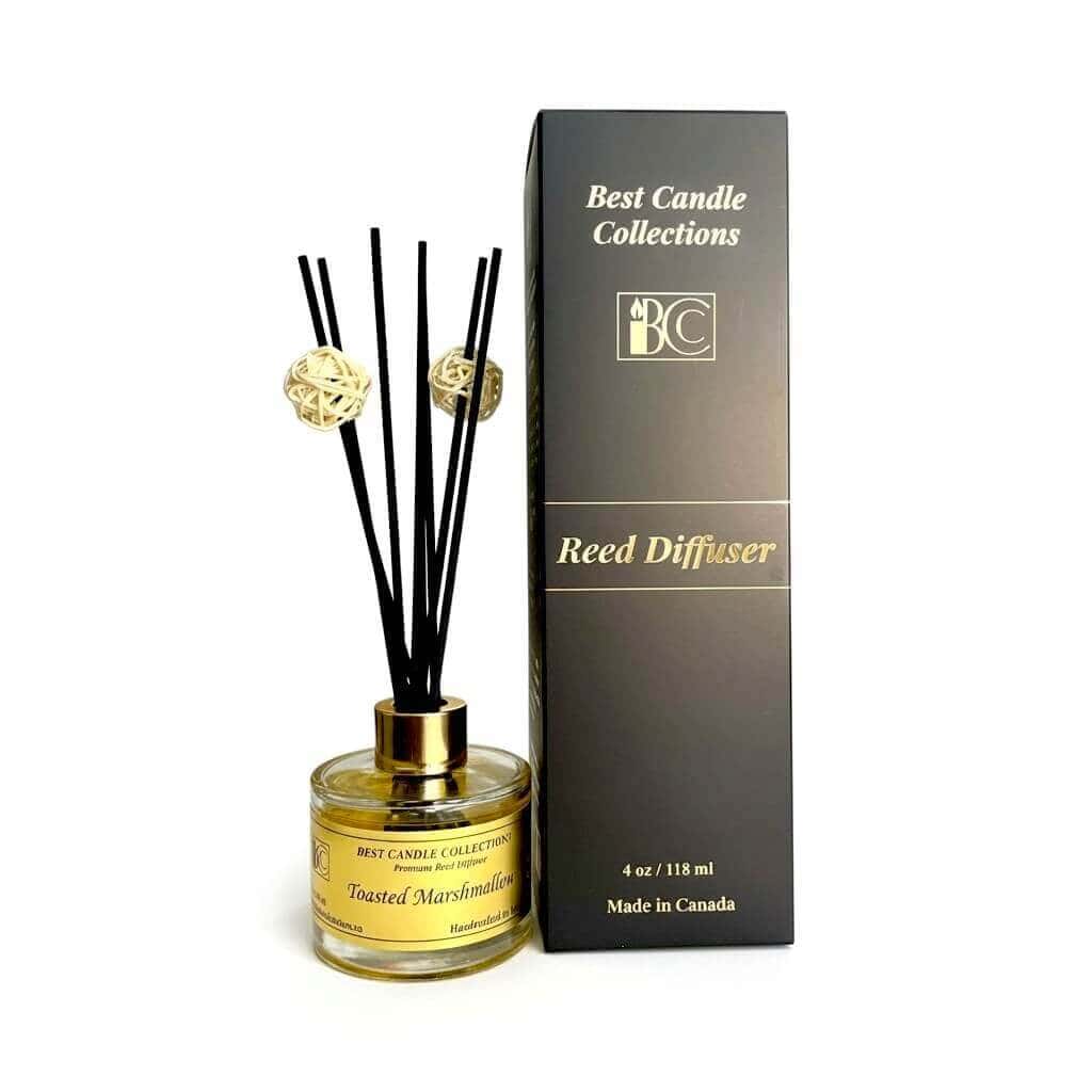 Reed diffuser with toasted marshmallow scent from Best Candle Collections. Elegant home fragrance fo.
