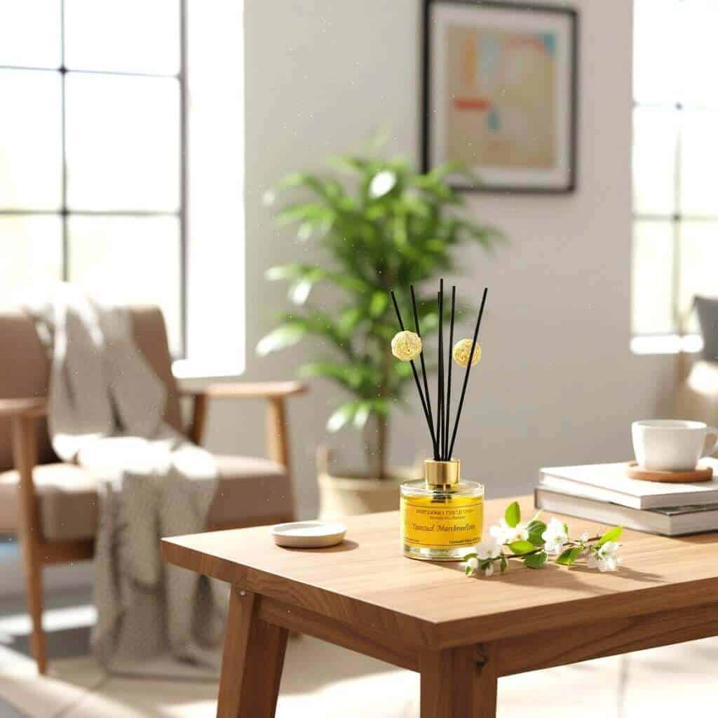 Reed diffuser with toasted marshmallow scent on a wooden table in a bright, cozy living room.