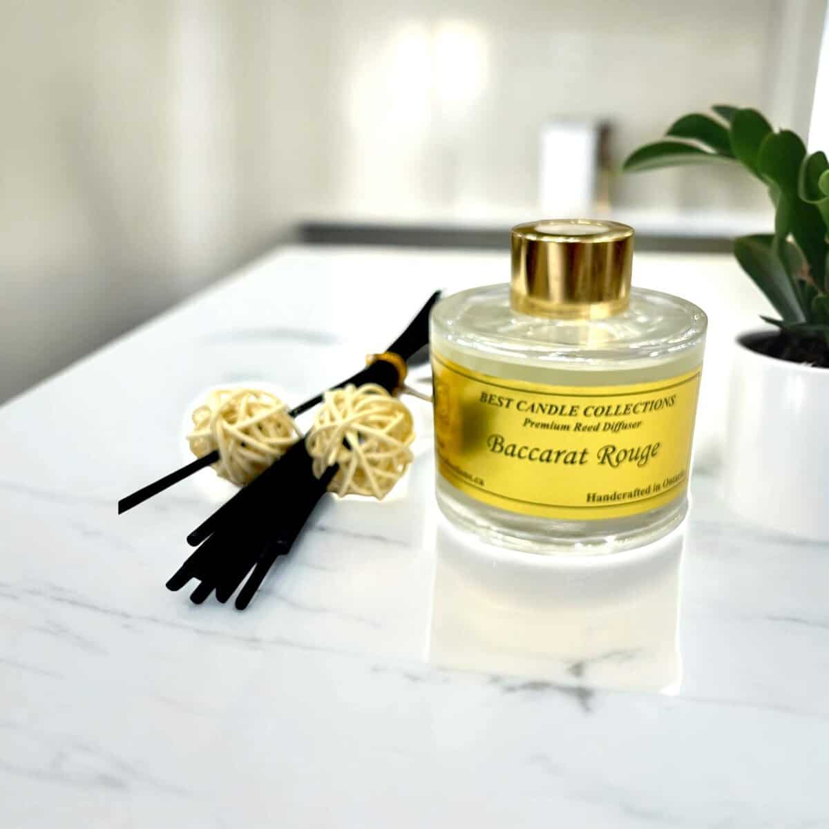Reed diffuser with Baccarat Rouge scent, perfect for luxury home decor and creating a warm, inviting.